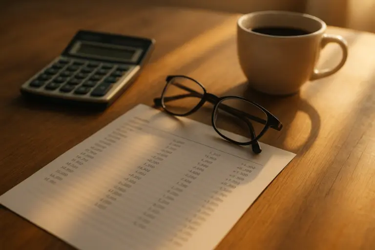 Schreibtisch mit Kontoauszug, Taschenrechner und Kaffeetasse im Morgenlicht